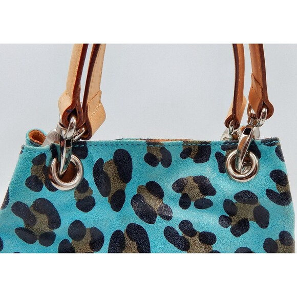 Maurizio Taiuti Italy Blue Leopard Print Pebbled Leather Purse Top Handle Bag - Picture 7 of 12